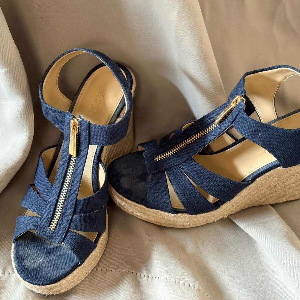 Michael Kors Wedge Espadrille Sandals - Navy with Gold Zip